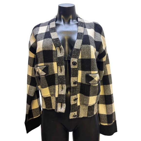 NWT Industry  Plaid Cardigan Black Beige Wool Blend S - Picture 4 of 6